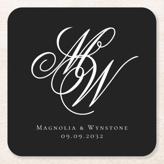 Black Chic Monogram Wedding Rechteckiger Pappuntersetzer (Vorderseite)