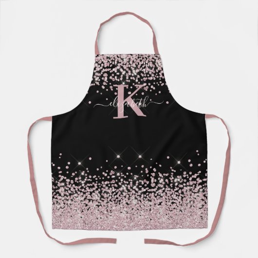 Black Chic Rose Gold Diamond Glitzer Mit Monogramm Schürze (Vorderseite)
