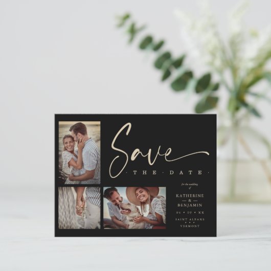 Black Chic Trendy Collage Wedding 3 Fotos Postkarte (Stehend Vorderseite)