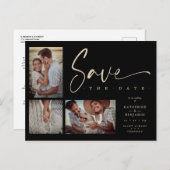 Black Chic Trendy Collage Wedding 3 Fotos Postkarte (Vorne/Hinten)