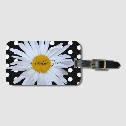 Black Chic White Polka Dos Fun Daisy Custom Gepäckanhänger (Vorderseite (Horizontal))