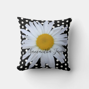 Black Chic White Polka Dots Daisy Custom Kissen
