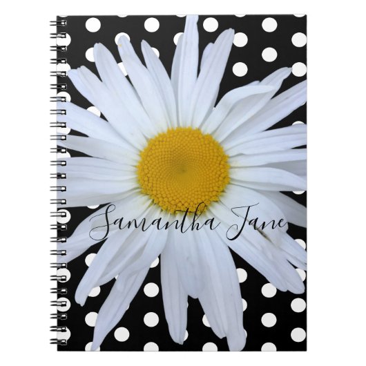 Black Chic White Polka Dots Daisy Custom Notizblock (Vorderseite)