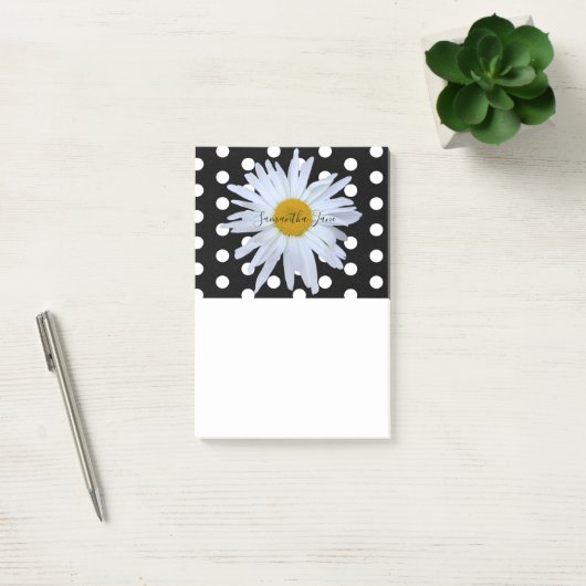 Black Chic White Polka Dots Daisy Custom Post-it Klebezettel (Büro)