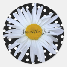Black Chic White Polka Dots Daisy Custom Runder Aufkleber