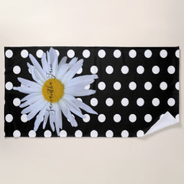 Black Chic White Polka Dots Daisy Custom Strandtuch