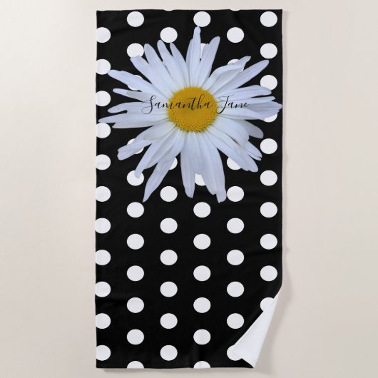 Black Chic White Polka Dots Daisy Custom Strandtuch (Vorderseite)