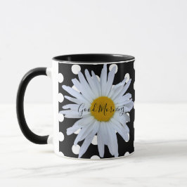 Black Chic White Polka Dots Daisy Custom Tasse