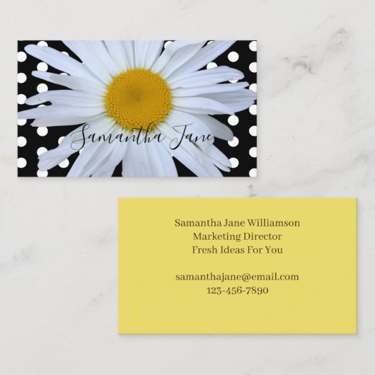Black Chic White Polka Dots Daisy Custom Visitenkarte (Vorne/Hinten)