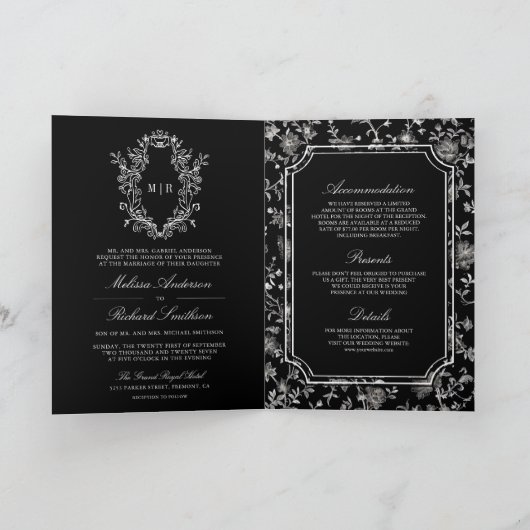 Black Chinoiserie Crest QR Code Wedding Einladung (Innenseite)