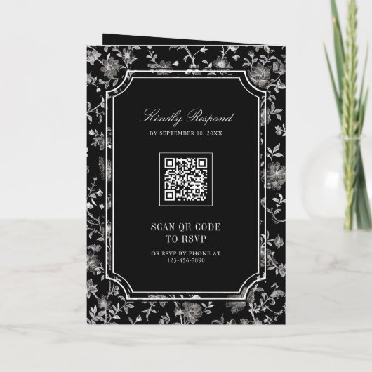 Black Chinoiserie Crest QR Code Wedding Einladung (Rückseite)