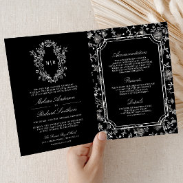 Black Chinoiserie Crest QR Code Wedding Einladung