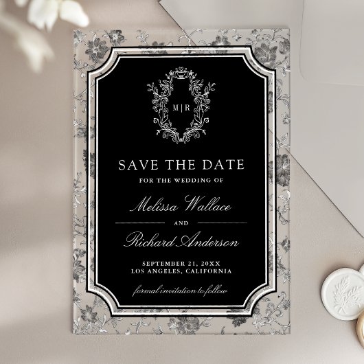 Black Chinoiserie Crest Wedding Save the Date Acryleinladungen