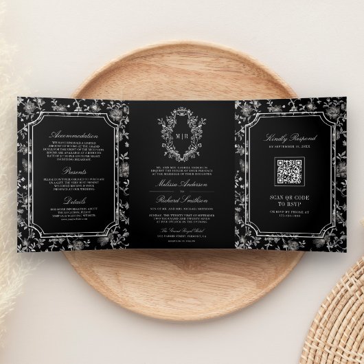 Black Chinoiserie Wappen QR Code Hochzeit Dreifach Gefaltete Einladung