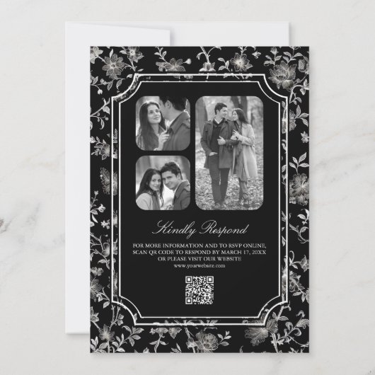 Black Chinoiserie Wappen QR Code Hochzeit Einladung (Rückseite)