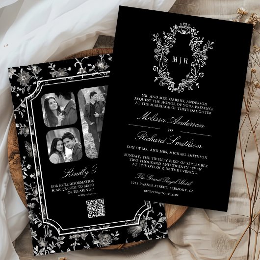 Black Chinoiserie Wappen QR Code Hochzeit Einladung