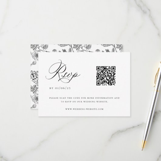 Black Chinoiserie Wedding QR Code RSVP Karte (Vorderseite/Rückseite Beispiel)
