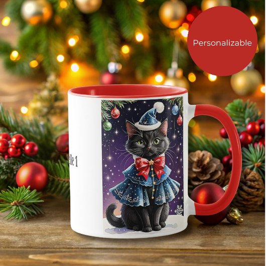 Black Christmas Cat in Blue Cape Tasse