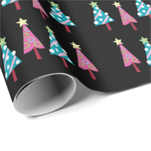 Black Christmas Pink & Blue Trees Wrapping Paper Geschenkpapier