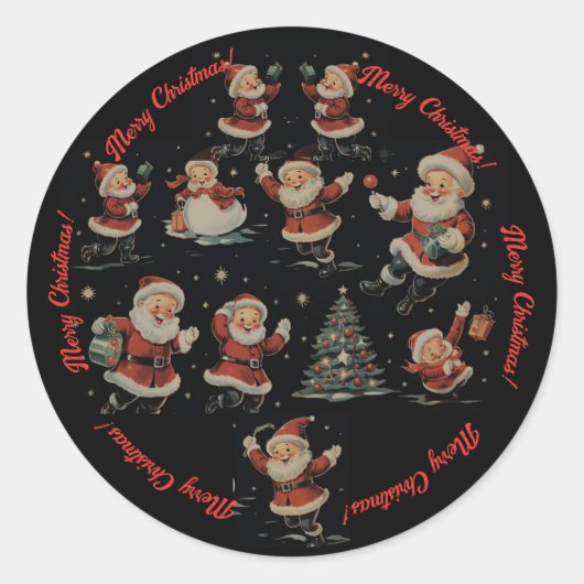 Black Christmas Santa Snowman vintage pattern  Runder Aufkleber (Vorderseite)