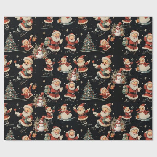 Black Christmas Santa Tree Snowman Geschenkpapier (Flach)