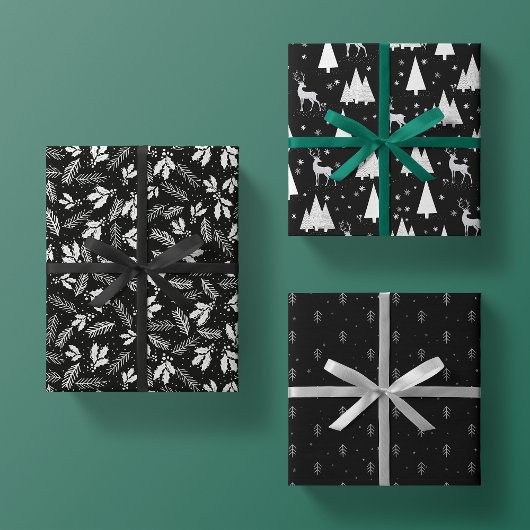Black Christmas Wrapping Paper Flat Sheet Set 3 Geschenkpapier Set