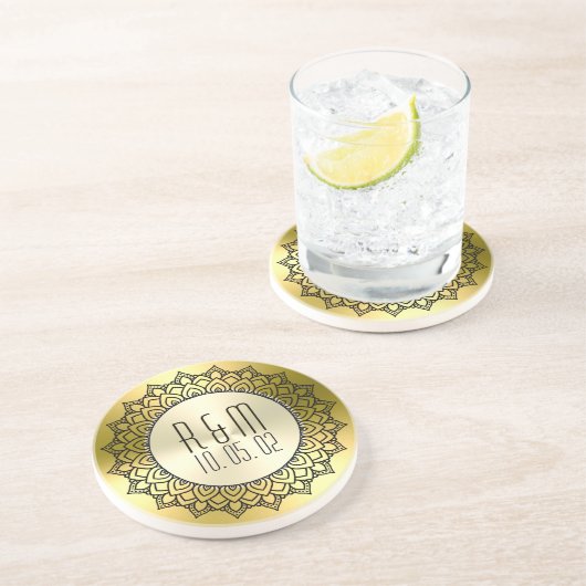 Black Circle Mandala & Metallic Gold Untersetzer (Seite)