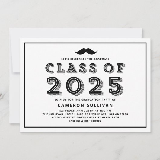 Black Class of 2025 Mustache Retro Abschluss Einladung (Vorderseite)