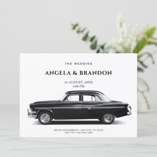 Black Classic Car Wedding Einladung (Stehend Vorderseite)