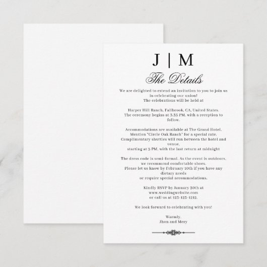 Black & Classic Monogram Wedding Reception Begleitkarte (Vorne/Hinten)