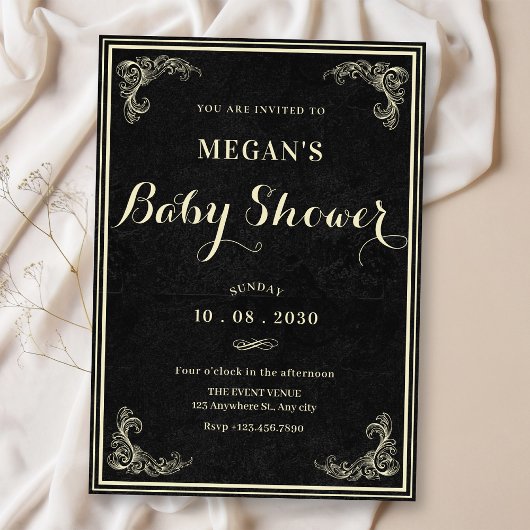 Black classic vintage elegant baby shower einladung