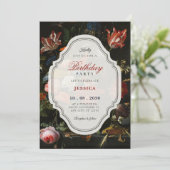 Black classic vintage floral bouquet birthday einladung (Stehend Vorderseite)