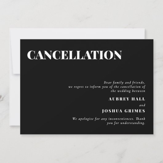 Black Clean Minimal Wedding Stornierung Einladung (Vorderseite)
