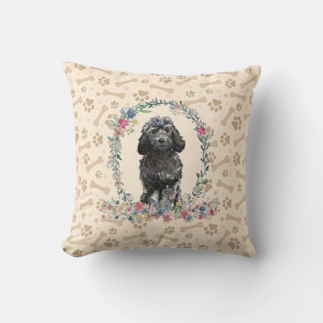 Black Cockapoo Dog Paw Print & Floral Niedlich Kissen (Vorderseite)