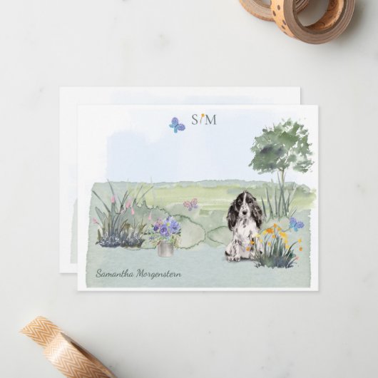 Black Cocker Spaniel Dog Monogram und Name Mitteilungskarte (Vorderseite/Rückseite Beispiel)