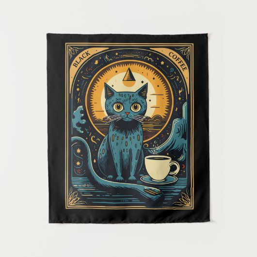 Black Coffee Cat Tarot Card Occult Wandteppich (Vorderseite)