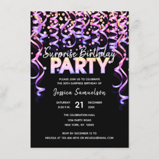 Black Color Streamers ÜBERRASCHENDE BIRTHDAY PARTY Einladung