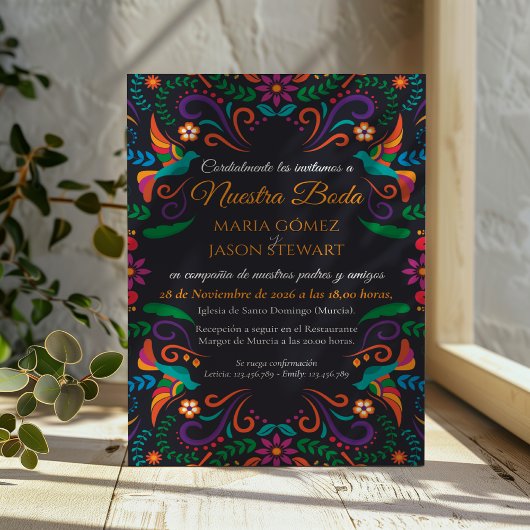 Black Colorful Floral Nuestra Boda Spanish Wedding Einladung