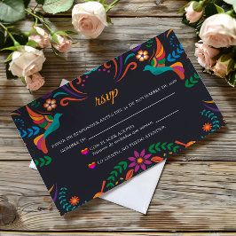 Black Colorful Floral Nuestra Boda Spanish Wedding RSVP Karte