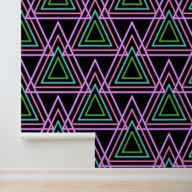 Black Colorful Retro 80's Neon Geometric Triangles Tapete (Anwendung)