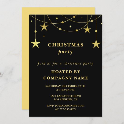 Black Company Christmas Party Party Gold Stars Einladung (Vorne/Hinten)