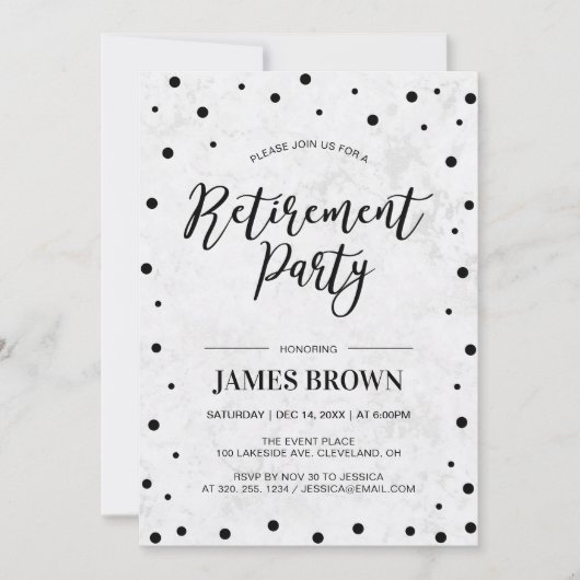 Black Confetti & Marble | Modernes Party für die A Einladung (Vorderseite)
