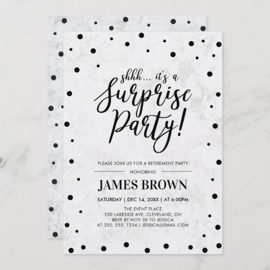 Black Confetti & Marble Surprise Retirement Party Einladung (Vorne/Hinten)