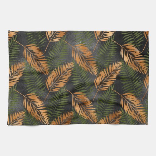 Black Copper Brown Palm Tree Leaf Glam Tropical Geschirrtuch (Horizontal)