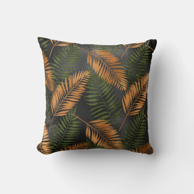 Black Copper Brown Palm Tree Leaf Glam Tropical Kissen (Vorderseite)