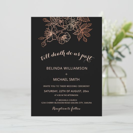 Black Copper Floral | Goth Wedding Einladung (Stehend Vorderseite)