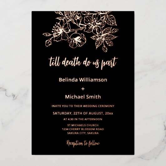 Black Copper Floral | Goth Wedding Folieneinladung (Vorderseite)