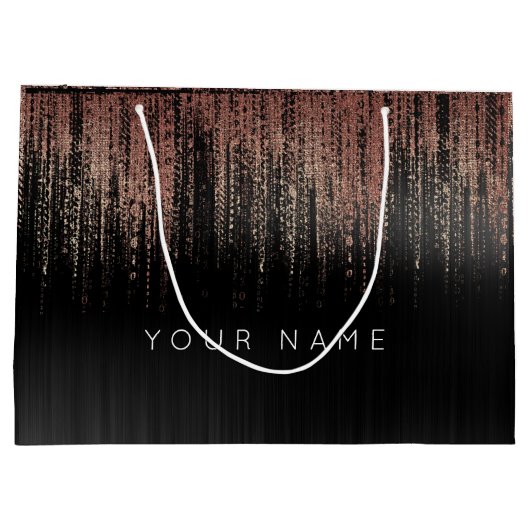 Black Copper Rose Gold Name Glam Matrix Rain Große Geschenktüte (Rückseite)