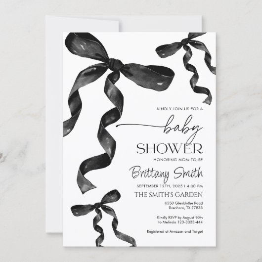 Black Coquette Bow Baby Dusche Einladung (Vorderseite)