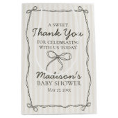 Black Coquette Bow Beige Stripe Baby Dusche Gefall Mittlere Geschenktüte (Vorderseite)